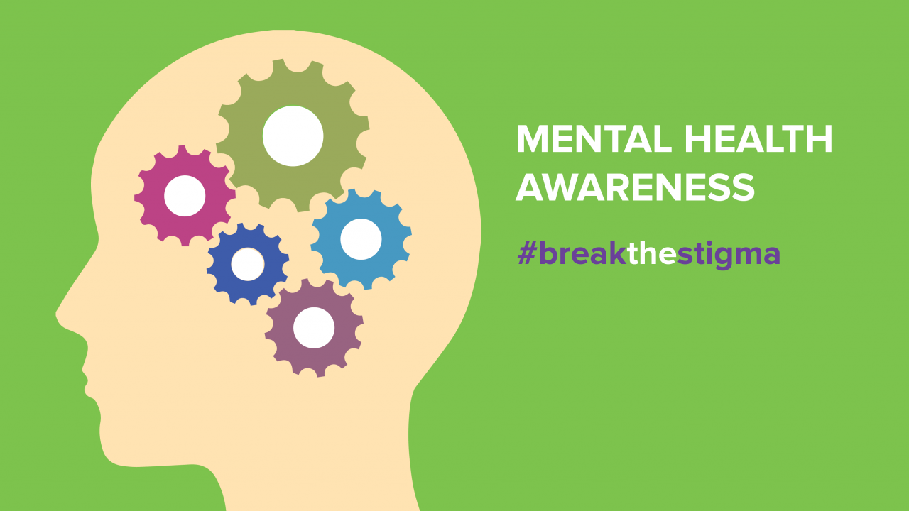Face with cogs inside head and text "Mental Health Awareness #breakthestigma"