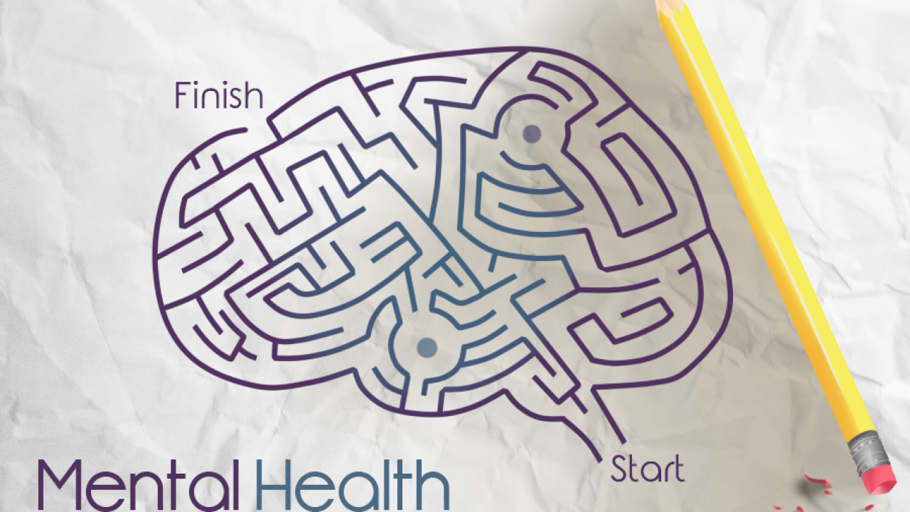 Brain as a maze puzzle with text "Mental Health".