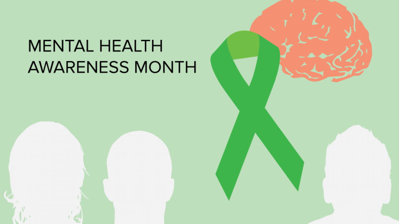 Silhouette of faces, green ribbon and brain, with text "Mental Health Awareness Month".