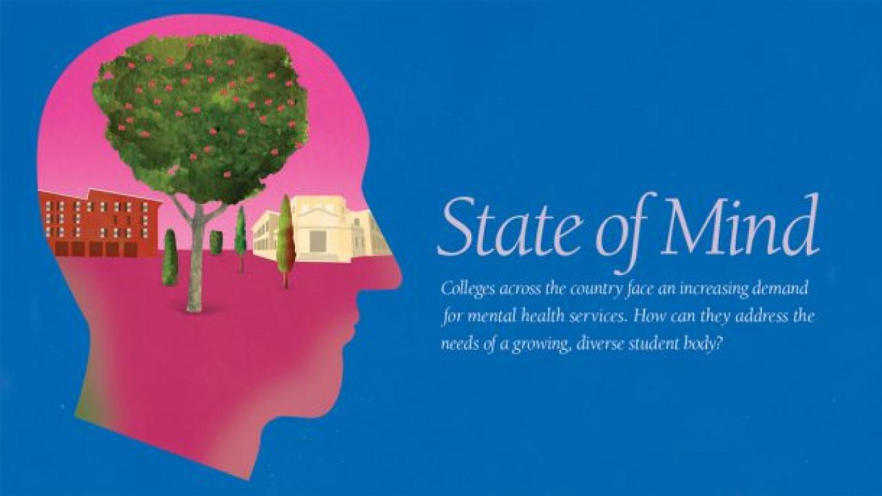 Silhouette of a face with buildings and trees inside. Text reads "State of Mind. Colleges across the country face an increasing demand for mental health services. How can they address the needs of a growing, diverse student body?"