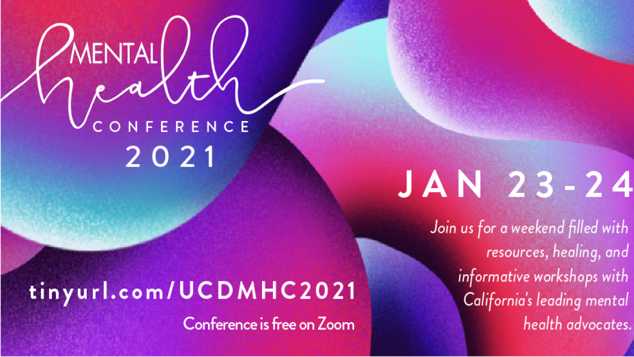Mental Health Conference 2021 logo on a background of pink, blue, and red swirls