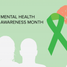Silhouette of faces, green ribbon and brain, with text "Mental Health Awareness Month".