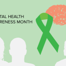 Silhouette of faces, green ribbon and brain, with text "Mental Health Awareness Month".