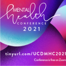 Mental Health Conference 2021 logo on a background of pink, blue, and red swirls